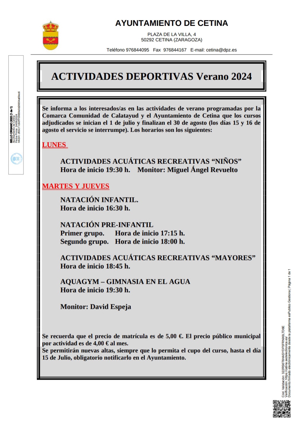 HORARIO ACTIVIDADES DEPORTIVAS VERANO 2024